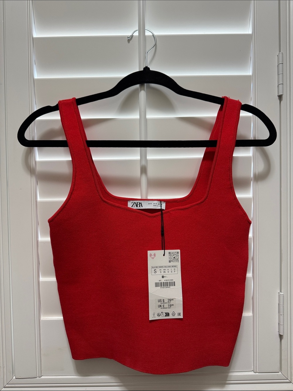 ZARA Red Ribbed Square-Neck Crop Top